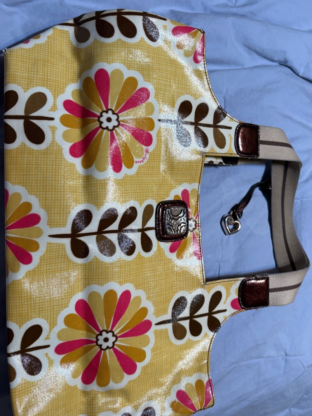 Brighton Yellow Floral Coated Tote with Pink & Brown Accents